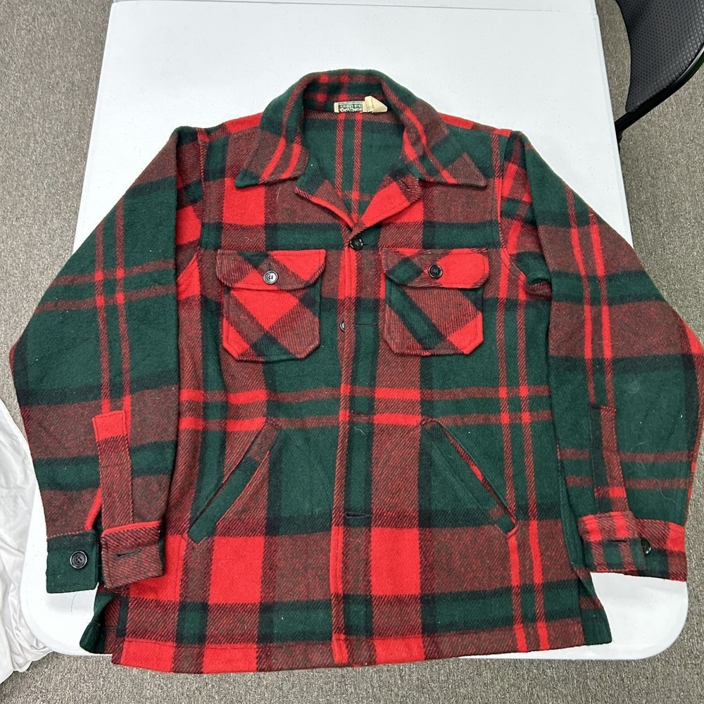80s LL Bean Wool Plaid Shirt Jacket Mens M Red Green Vintage Heavyweight Shacket